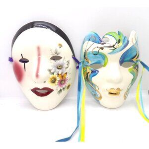 Rings & Clowns Ceramic Full Face Mardi Gras Masks set of Two preowned